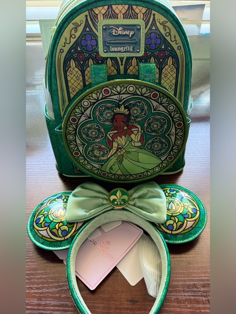 Loungefly Green Tiana Stained Glass Mini Backpack with Bow Ear Accessory *NWT - Picture 2 of 16
